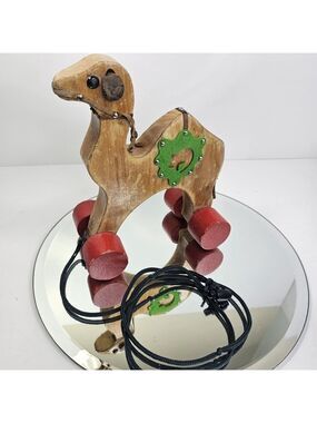 Vintage Lohmann Wooden Camel Pull Toy W/ Genuine Leather Ears & Tail